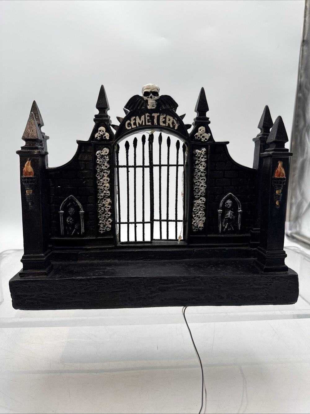 Halloween Village Town Cemetery Gate Skulls Entrance 8.5” Tall 11” Wide